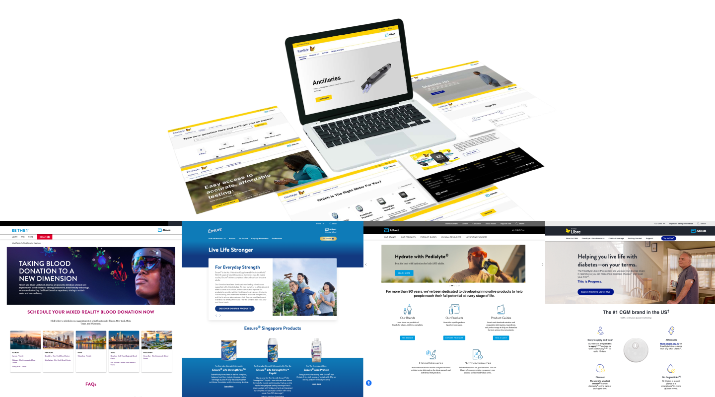 Composite of site screens and a laptop showing componentized templates, illustrating cross-brand theming and reusable patterns from the enterprise design system.